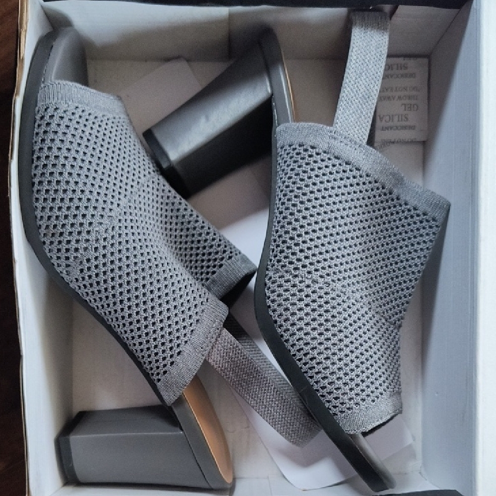 Gray Chunky Heel Mules with Perforated Design